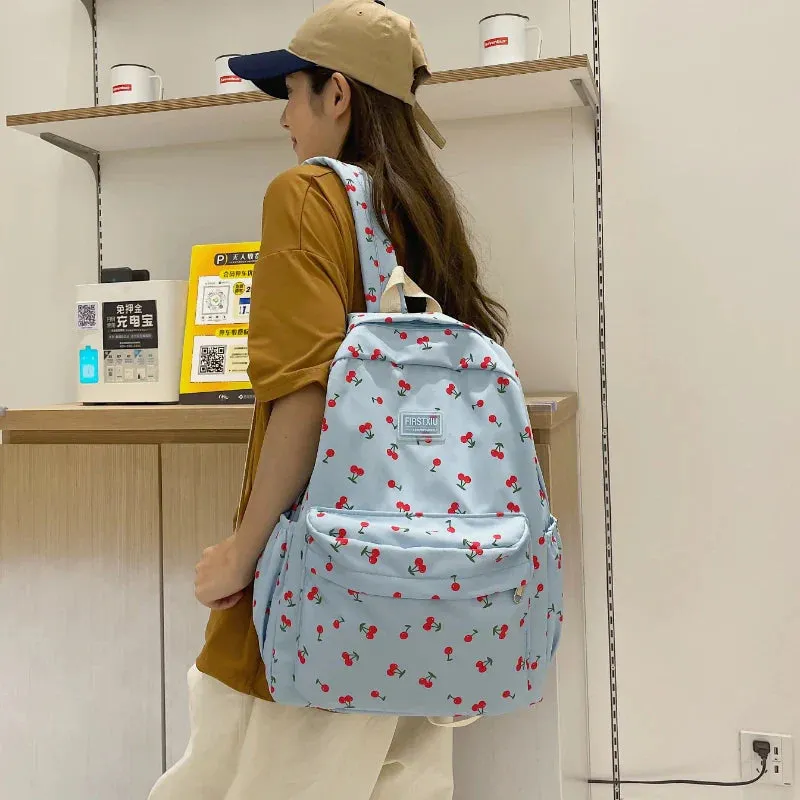 binfenxie Women Trendy Print School Bag Female Laptop College Backpack Fashion Lady Kawaii Bag New Girl Cherry Floral Travel Book Backpack