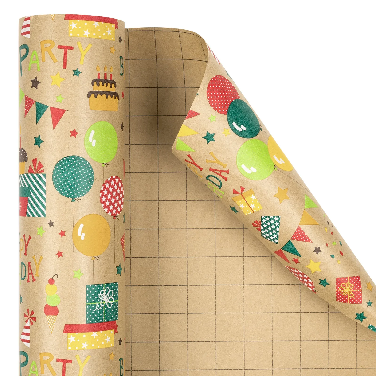 Birthday Balloon Party Eco-friendly Kraft Wrapping Paper with Cut Line on Reverse