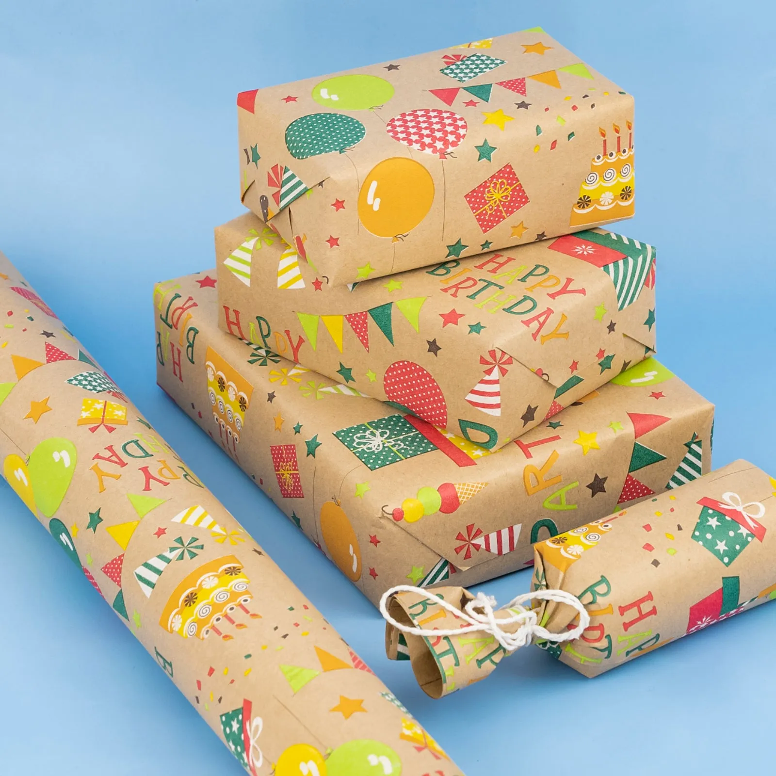 Birthday Balloon Party Eco-friendly Kraft Wrapping Paper with Cut Line on Reverse
