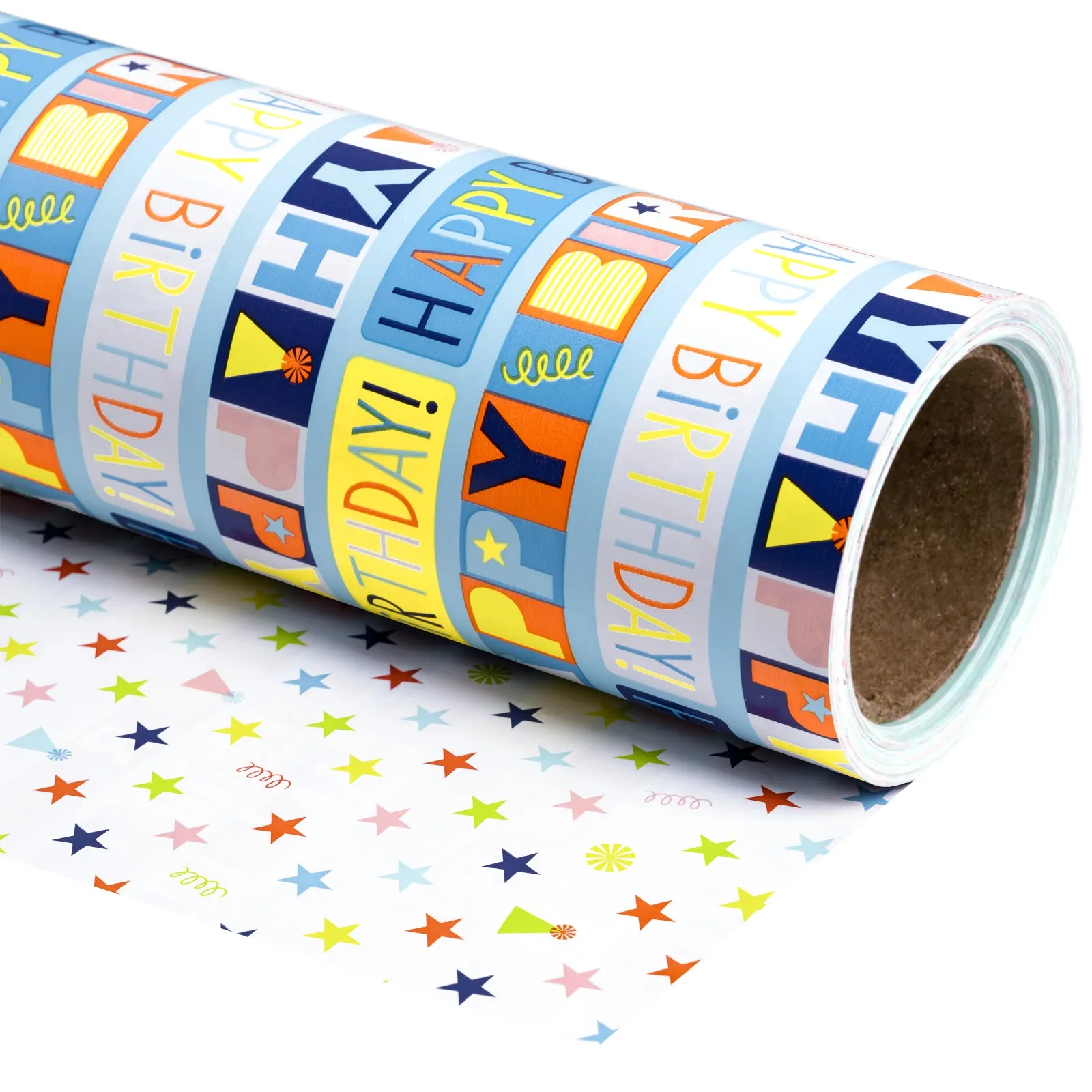 Birthday Lettering Wrapping Paper with Colorful Stars on Reverse