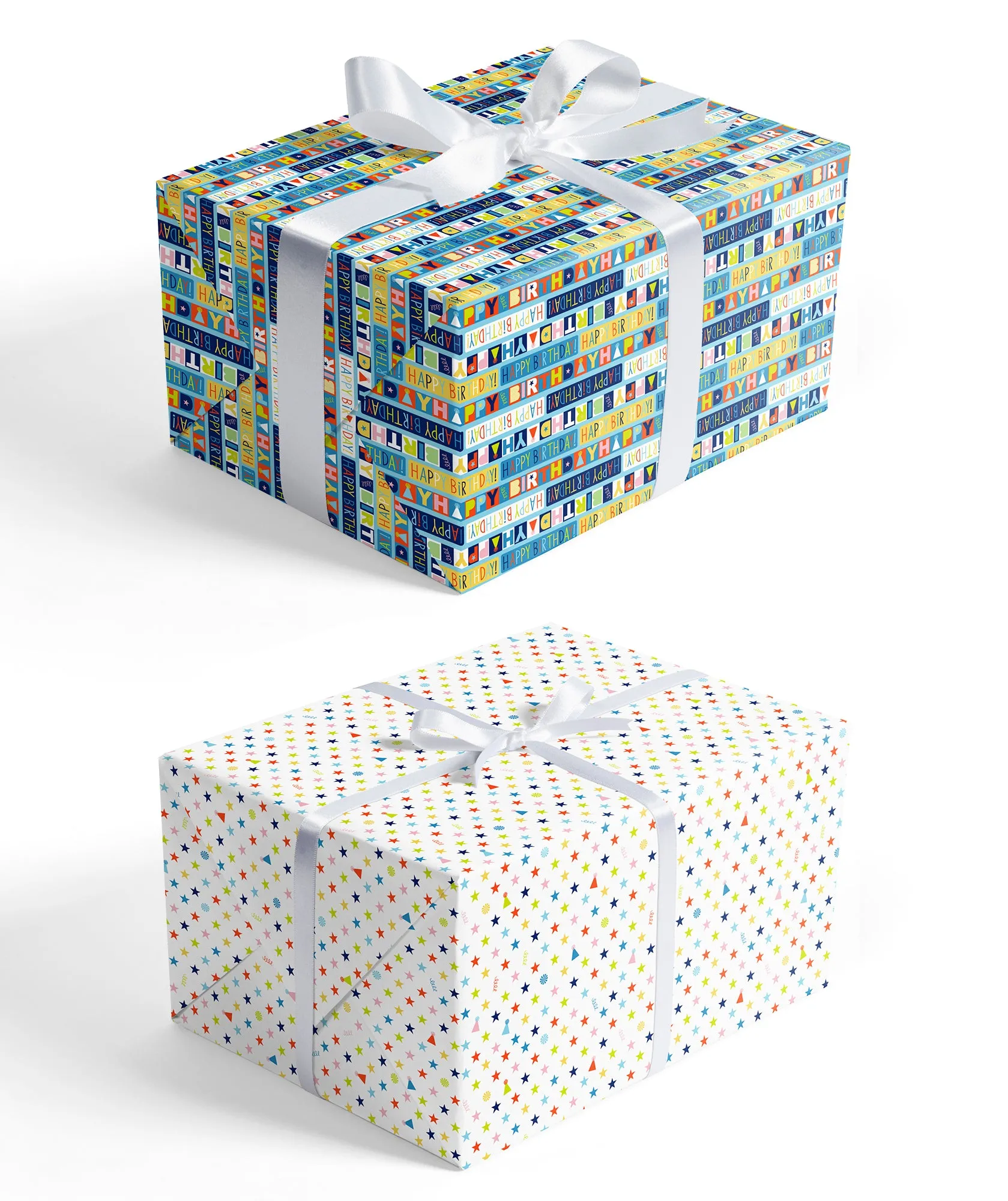 Birthday Lettering Wrapping Paper with Colorful Stars on Reverse