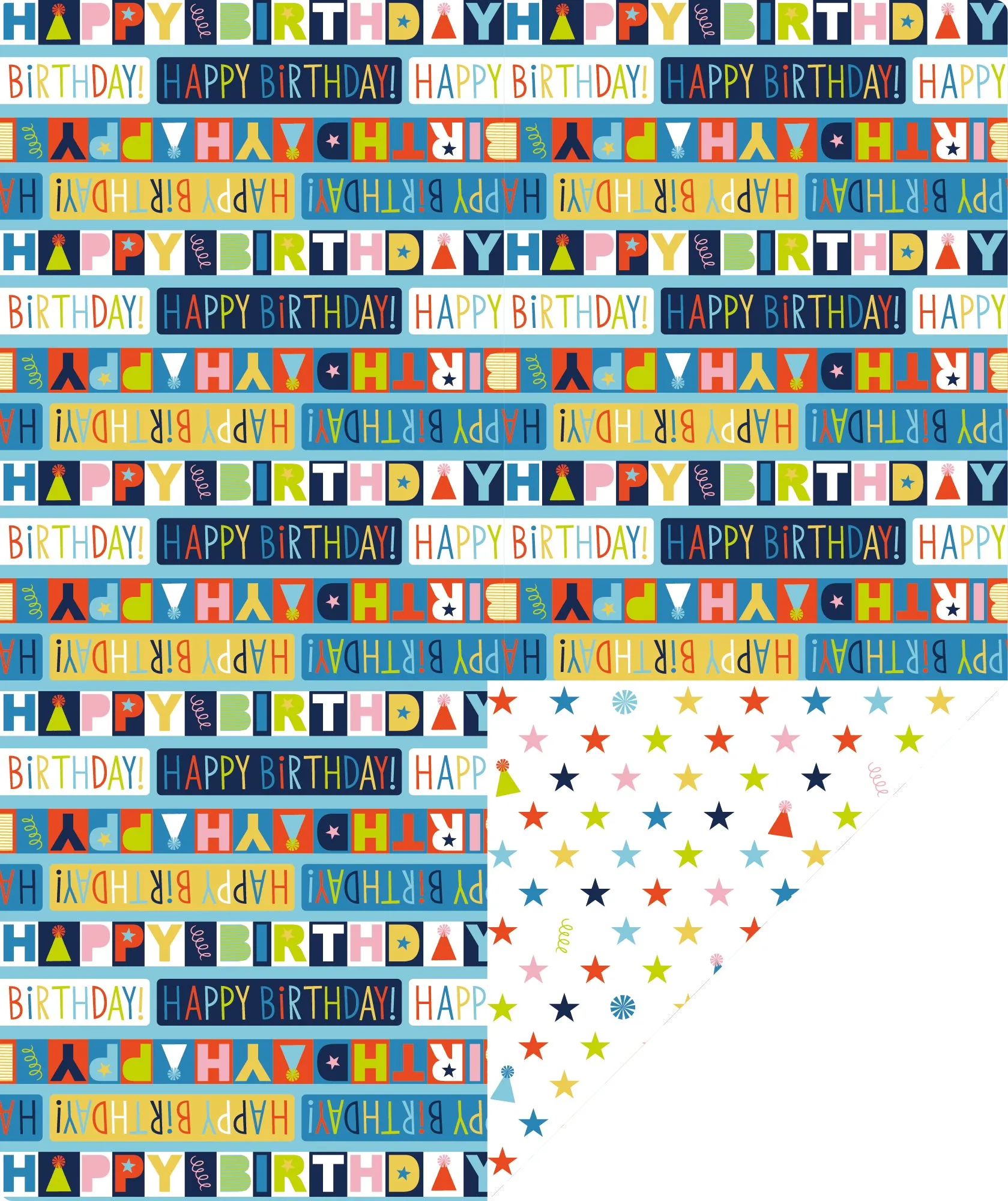 Birthday Lettering Wrapping Paper with Colorful Stars on Reverse
