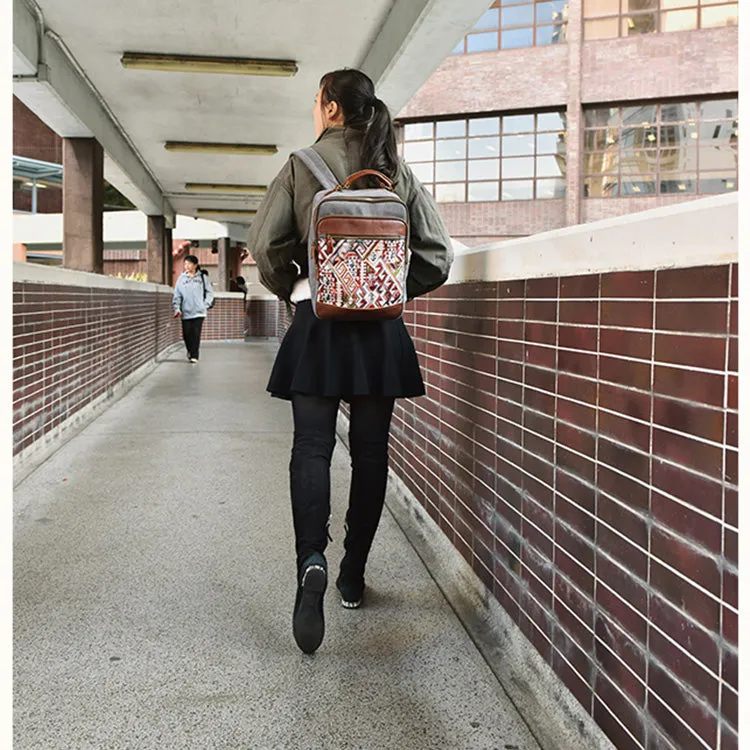 Boho Womens Canvas Leather Backpack Purse Embroidered Canvas Rucksack Bag for Women