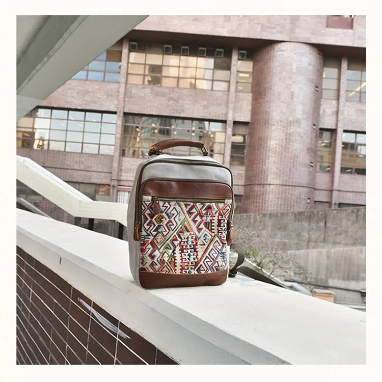 Boho Womens Canvas Leather Backpack Purse Embroidered Canvas Rucksack Bag for Women