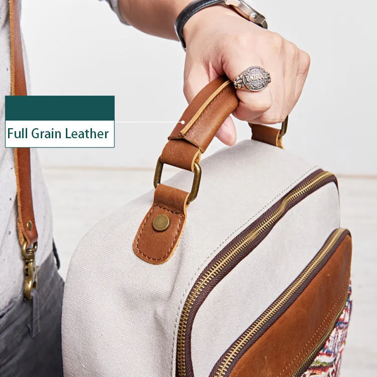Boho Womens Canvas Leather Backpack Purse Embroidered Canvas Rucksack Bag for Women