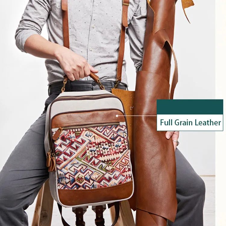 Boho Womens Canvas Leather Backpack Purse Embroidered Canvas Rucksack Bag for Women