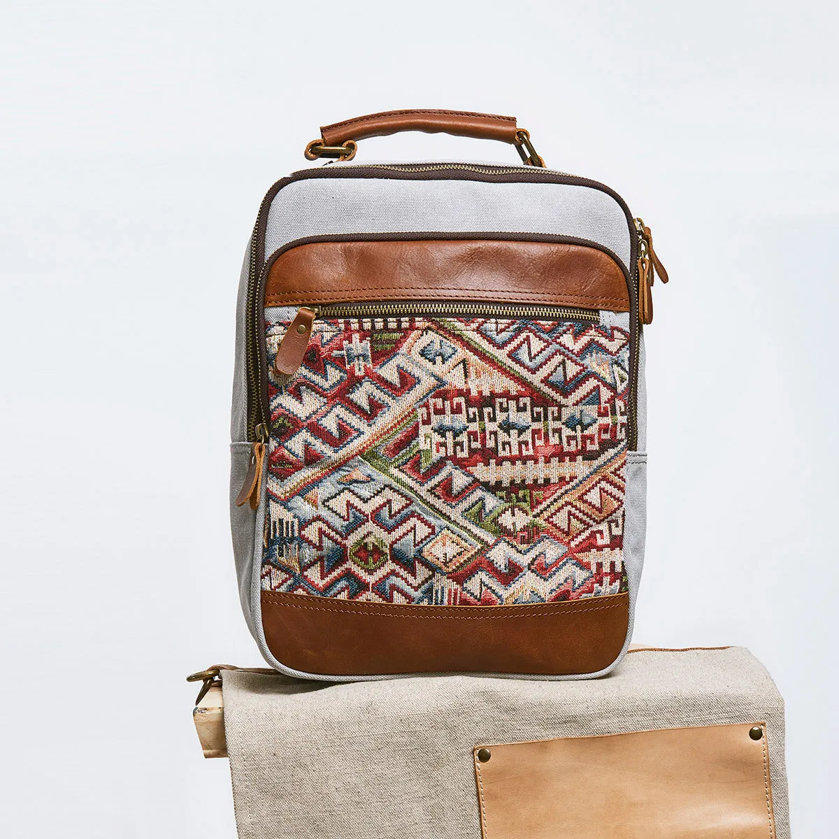 Boho Womens Canvas Leather Backpack Purse Embroidered Canvas Rucksack Bag for Women