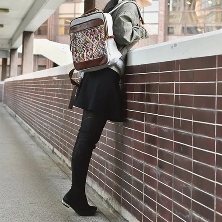 Boho Womens Canvas Leather Backpack Purse Embroidered Canvas Rucksack Bag for Women
