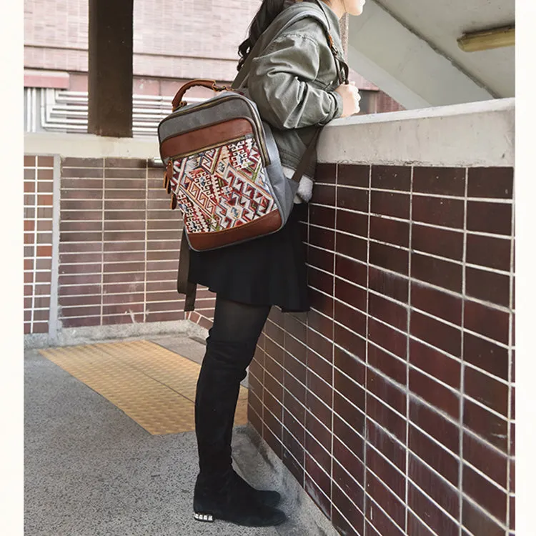 Boho Womens Canvas Leather Backpack Purse Embroidered Canvas Rucksack Bag for Women