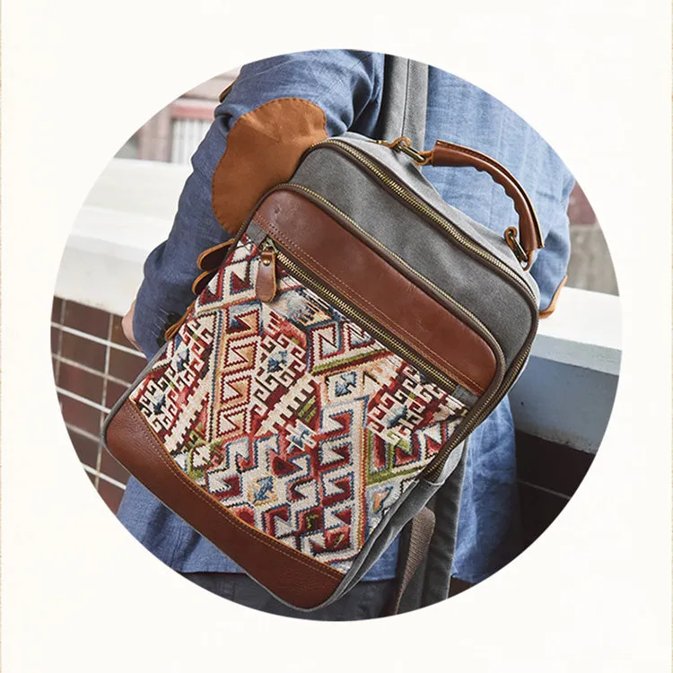 Boho Womens Canvas Leather Backpack Purse Embroidered Canvas Rucksack Bag for Women