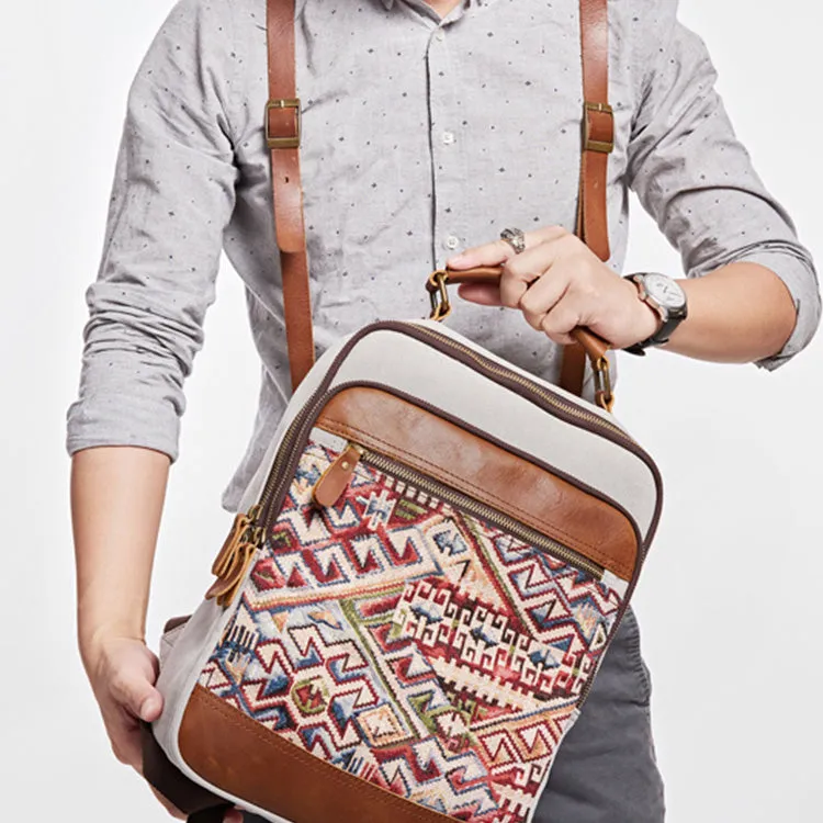 Boho Womens Canvas Leather Backpack Purse Embroidered Canvas Rucksack Bag for Women