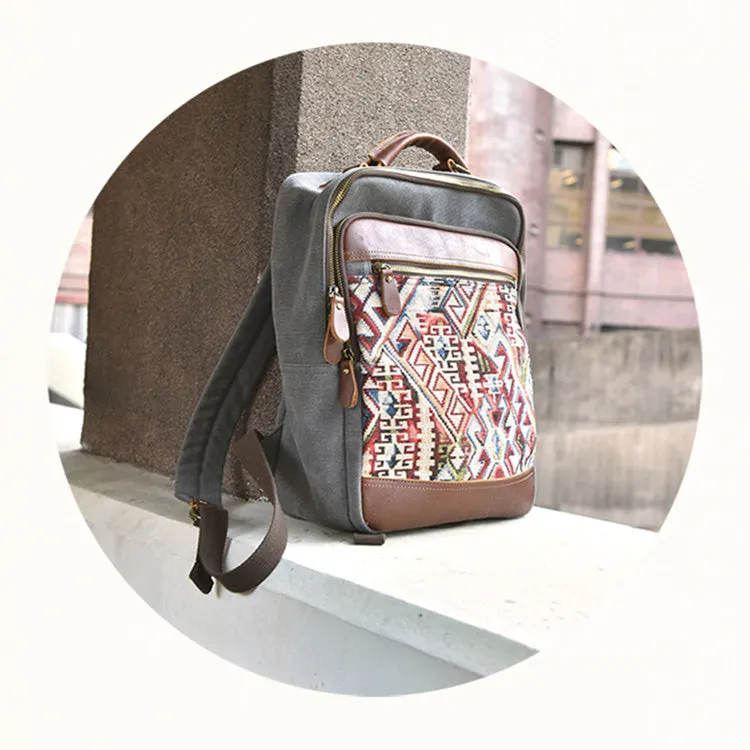 Boho Womens Canvas Leather Backpack Purse Embroidered Canvas Rucksack Bag for Women