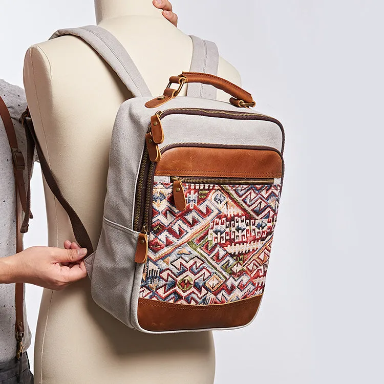 Boho Womens Canvas Leather Backpack Purse Embroidered Canvas Rucksack Bag for Women