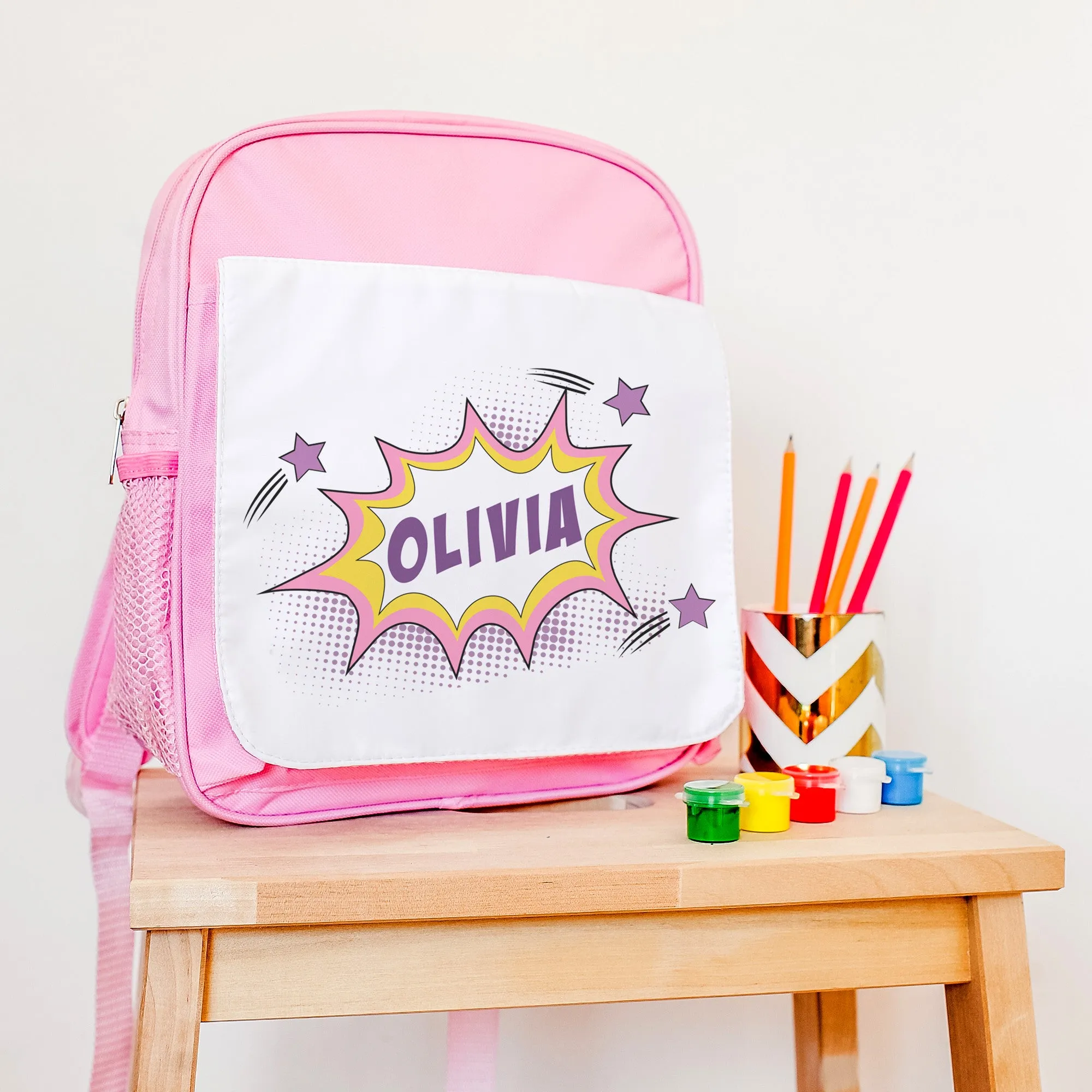 Children's Personalised Superhero 'Kapow' Pink Backpack