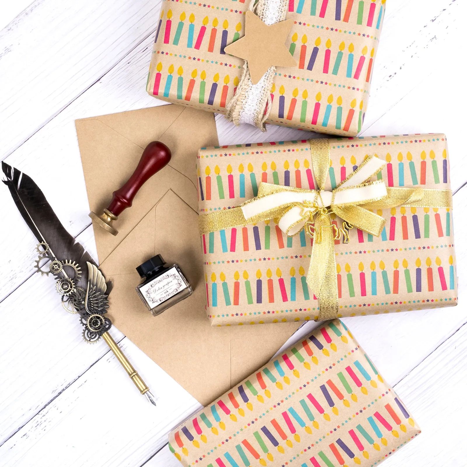 Colorful Candle Eco-Friendly Kraft Wrapping Paper with Cut Line on Reverse