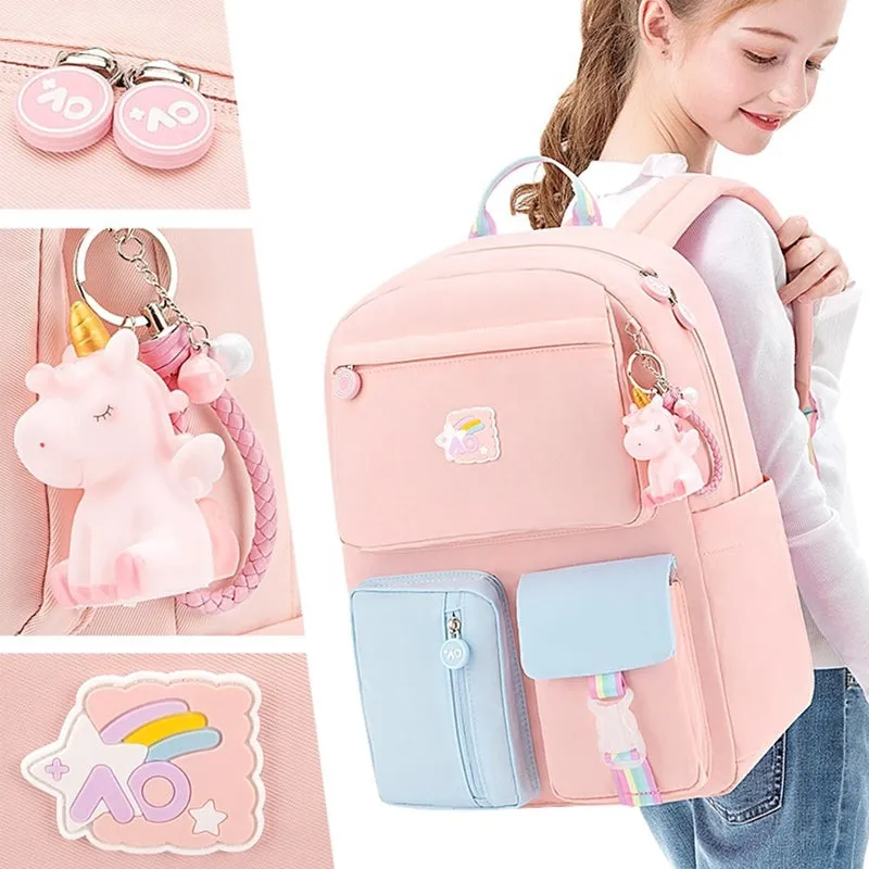 Kids Basic School Backpacks - Pink Purple Blue Book Bags For Girls Cute Backpack Multi-pocket Waterproof
