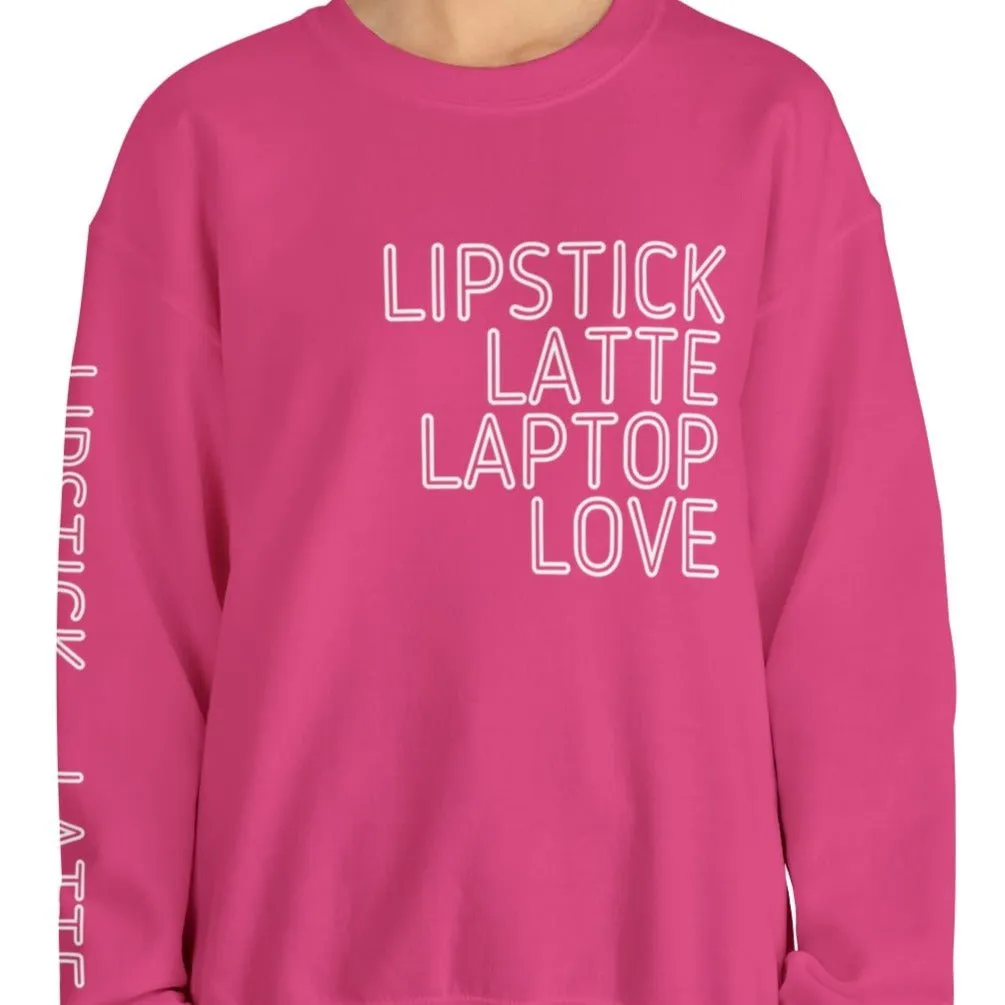 Lipstick Latte Laptop Love Women's Sweatshirt: Stylish Arm Detail & Modern Lifestyle
