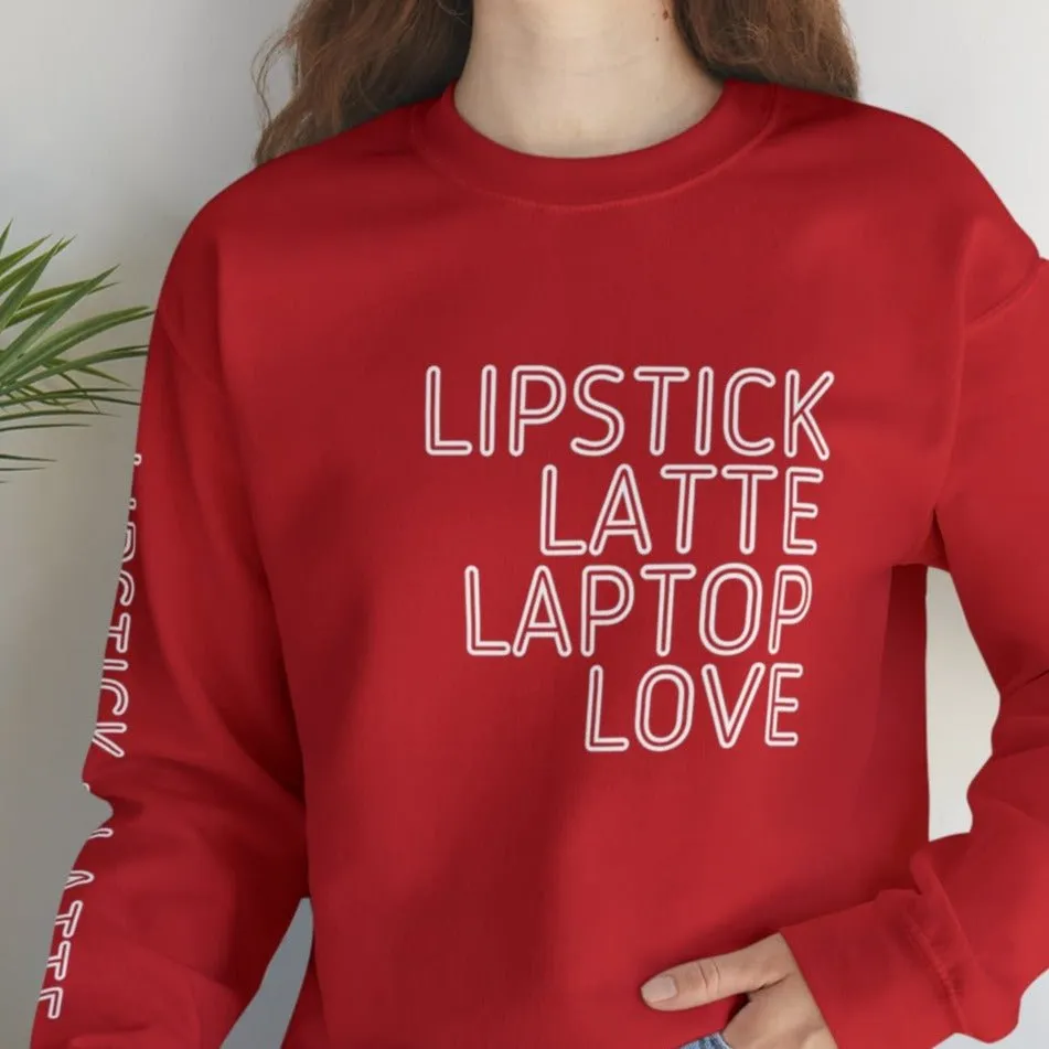 Lipstick Latte Laptop Love Women's Sweatshirt: Stylish Arm Detail & Modern Lifestyle