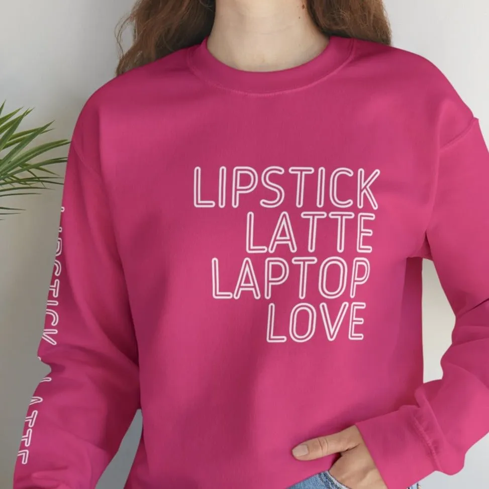 Lipstick Latte Laptop Love Women's Sweatshirt: Stylish Arm Detail & Modern Lifestyle