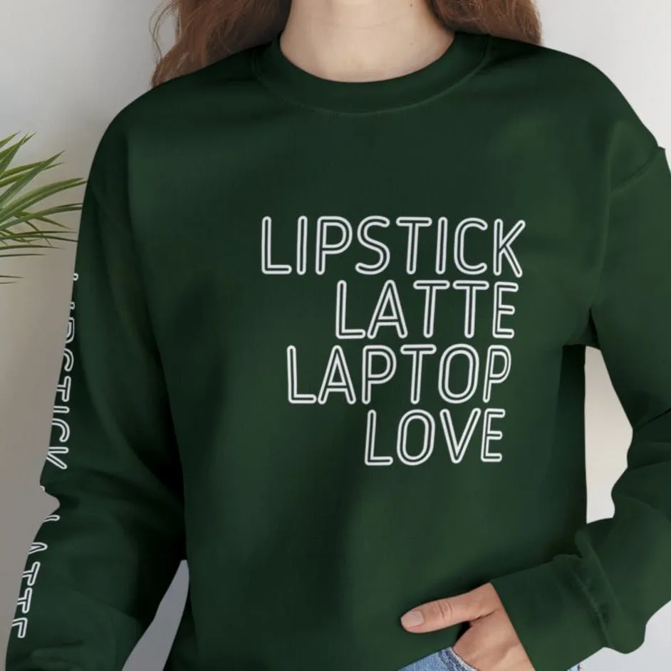Lipstick Latte Laptop Love Women's Sweatshirt: Stylish Arm Detail & Modern Lifestyle