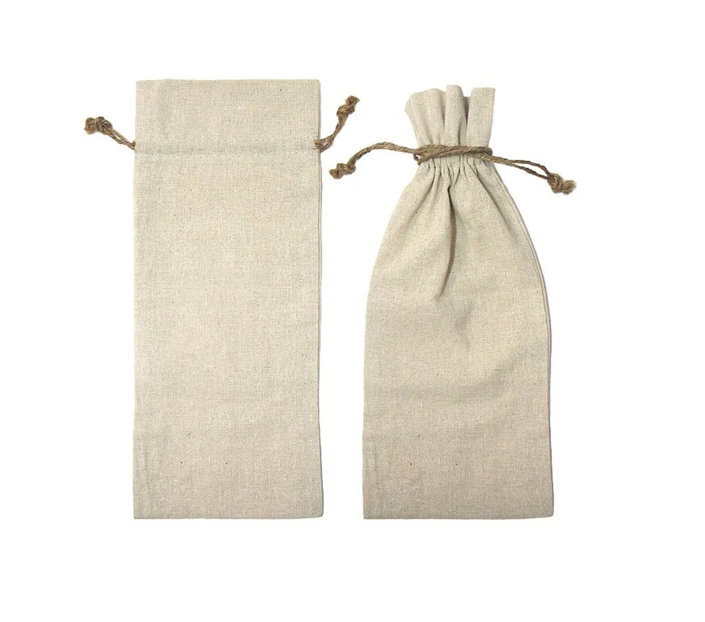Natural Linen Wine Bags With Drawstrings - 12 Pack