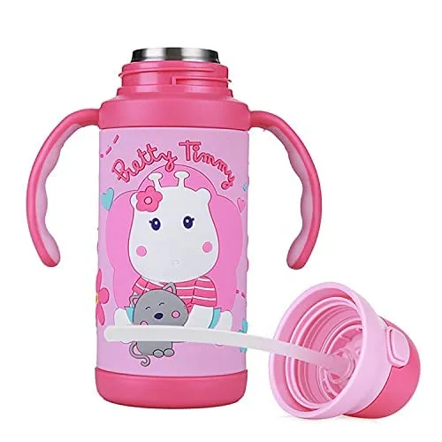 (PINKAH) Kids Bottle 3D Cartoon Design | Stainless Steel (380ml) - Pretty pink