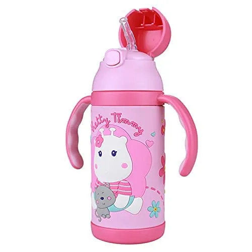 (PINKAH) Kids Bottle 3D Cartoon Design | Stainless Steel (380ml) - Pretty pink