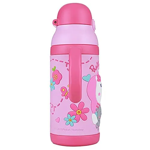 (PINKAH) Kids Bottle 3D Cartoon Design | Stainless Steel (380ml) - Pretty pink