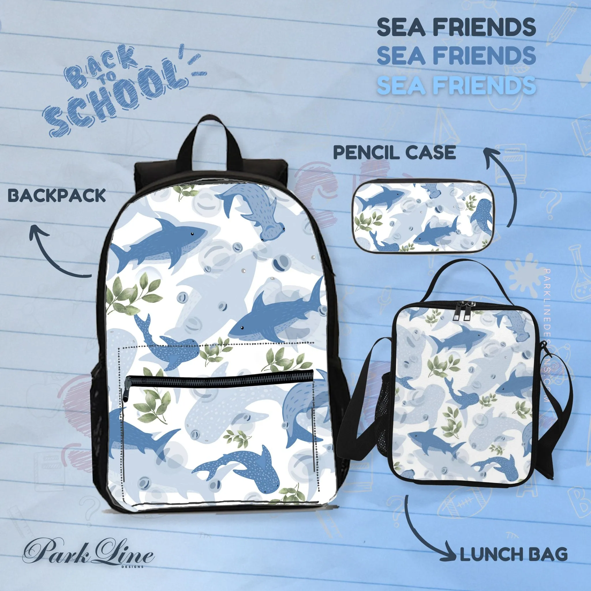 Sea Friends Set - Durable Backpack, Lunch Bag, and Pencil Case for Him