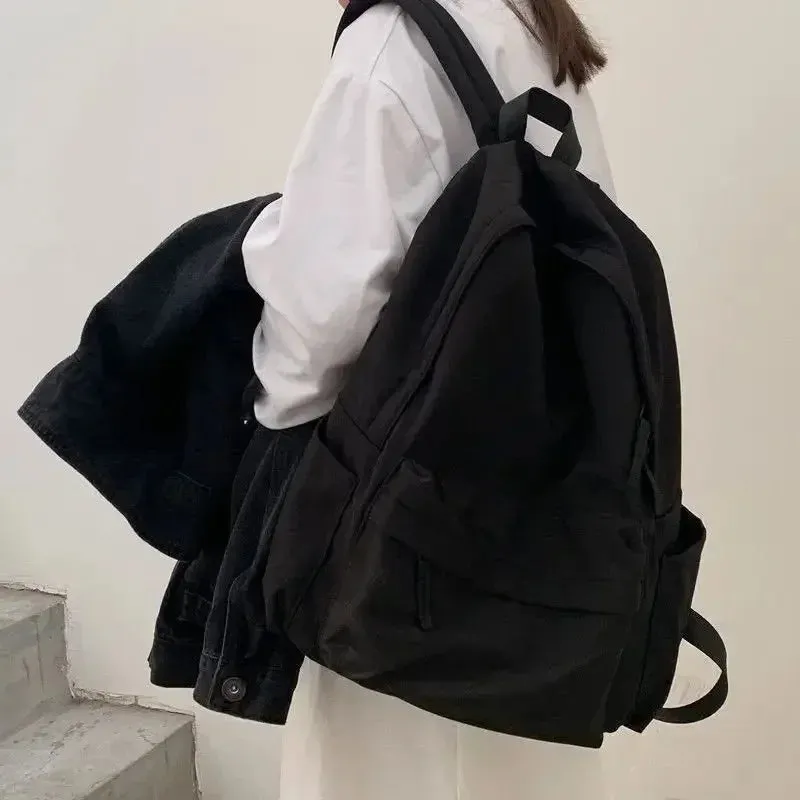 Uakiss Backpacks Women Solid Black Large Capacity Backpack Trendy Harajuku Casual Zipper Waterproof Bag Students Japanese Style Mochila